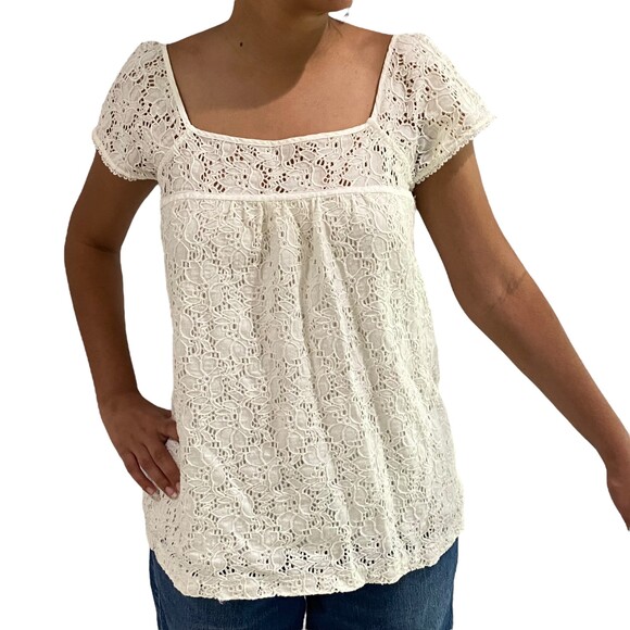 Tops - Ann Taylor Loft Ivory Top Shirt Crochet Cotton Blouse Short Sleeve Medium